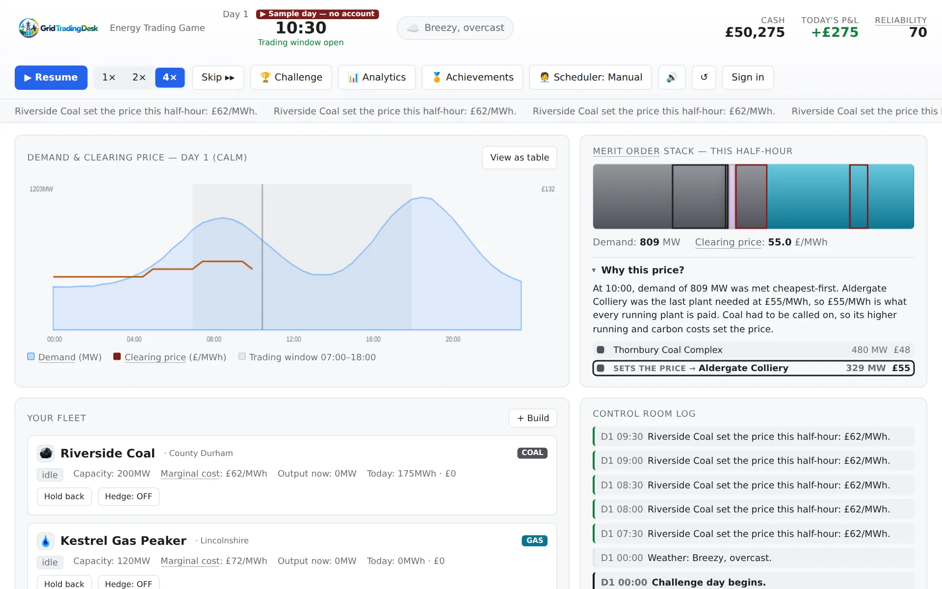 The GridTradingDesk game on desktop: a demand and clearing-price chart, the merit-order stack, a 'Why this price?' explainer, and the player's fleet of coal, gas and battery plants