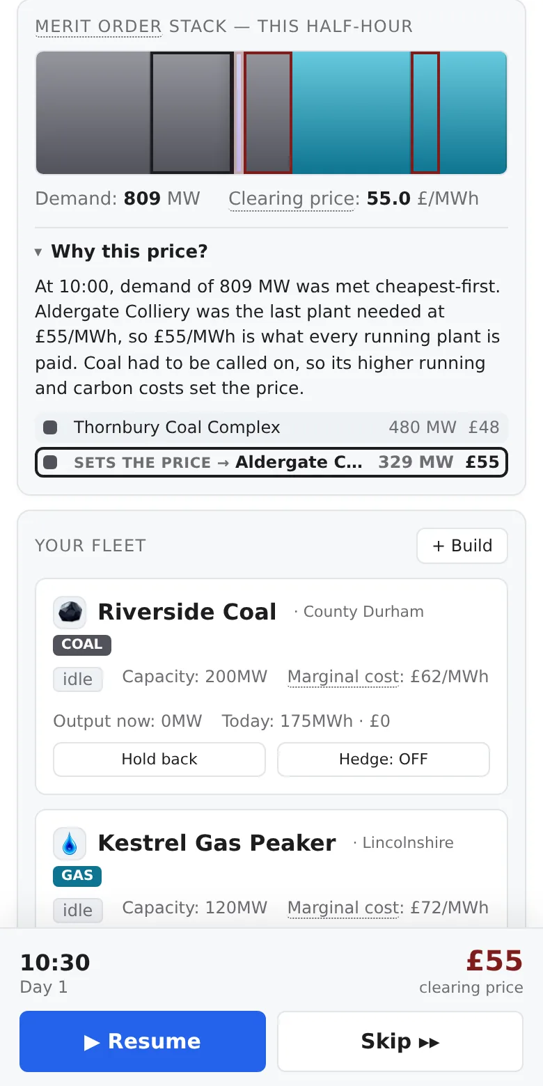 The game on a phone: the merit-order stack with a plain-English explanation that Aldergate Colliery sets the price at £55 per megawatt-hour